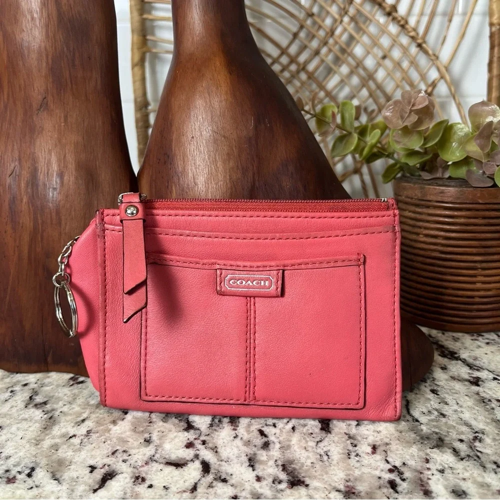 COACH Coral Pink Leather Zip Card Pouch with Key Ring